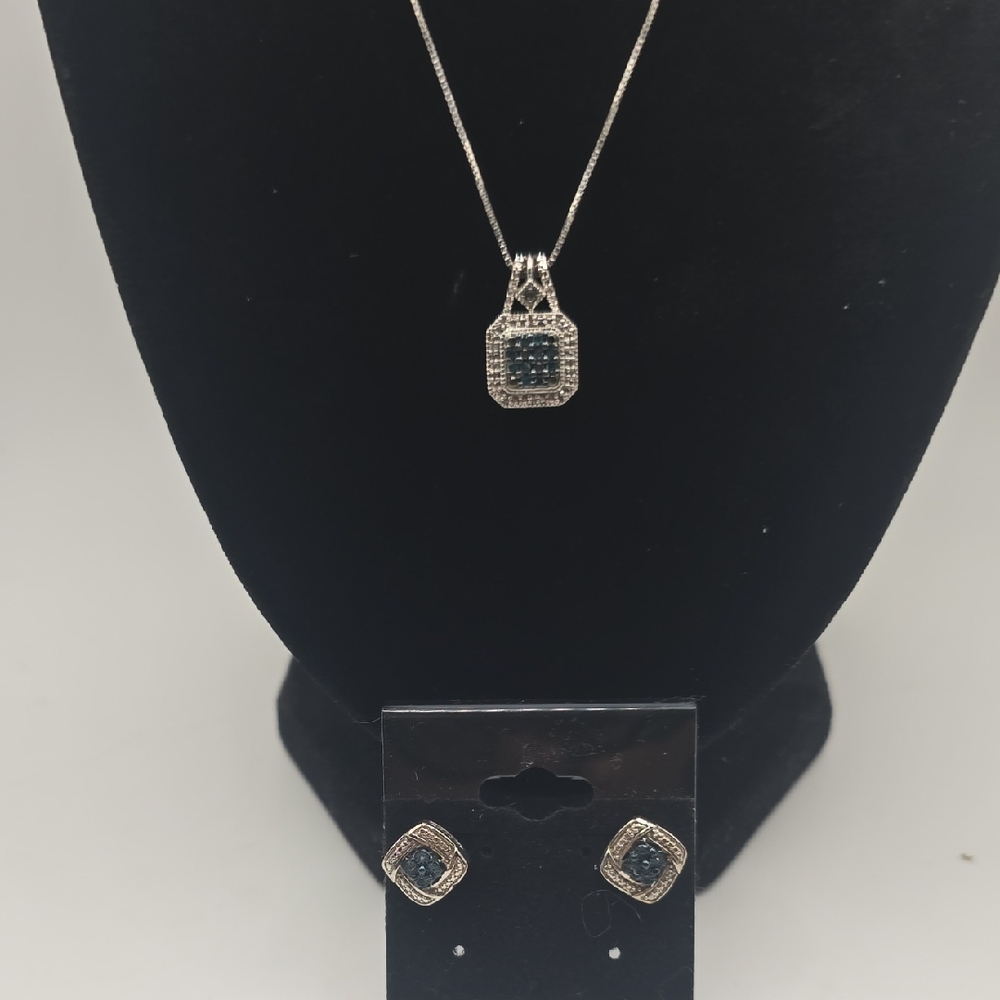 Sterling Silver White and Blue Diamond Jewelry Set